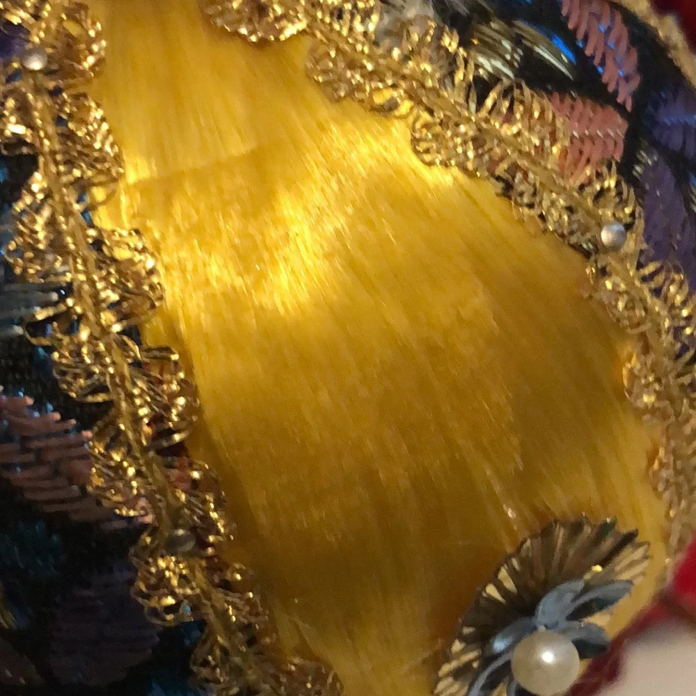 Gold Silk Ball Ornament Yellow Silk beaded ornament mid century Christmas